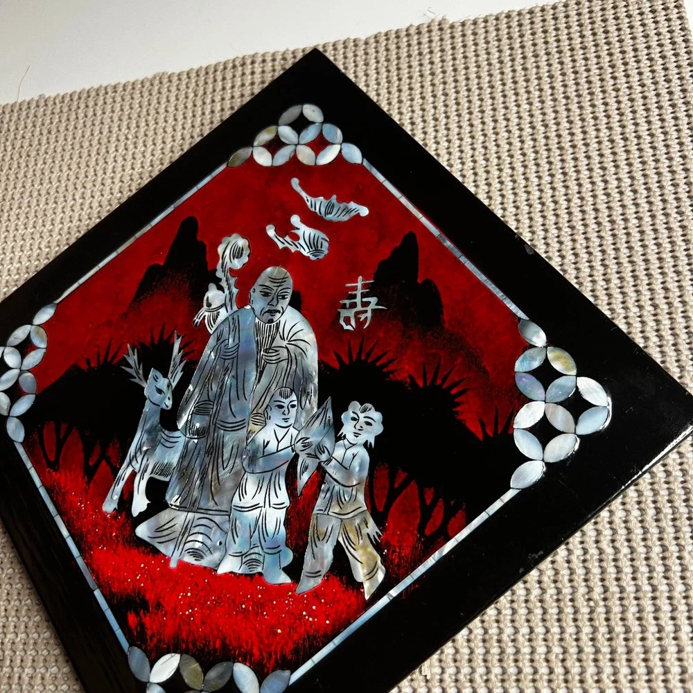 Vintage Asian Lacquer Mother of Pearl Inlay Wall Plaque Red Black Shell Art 8x8